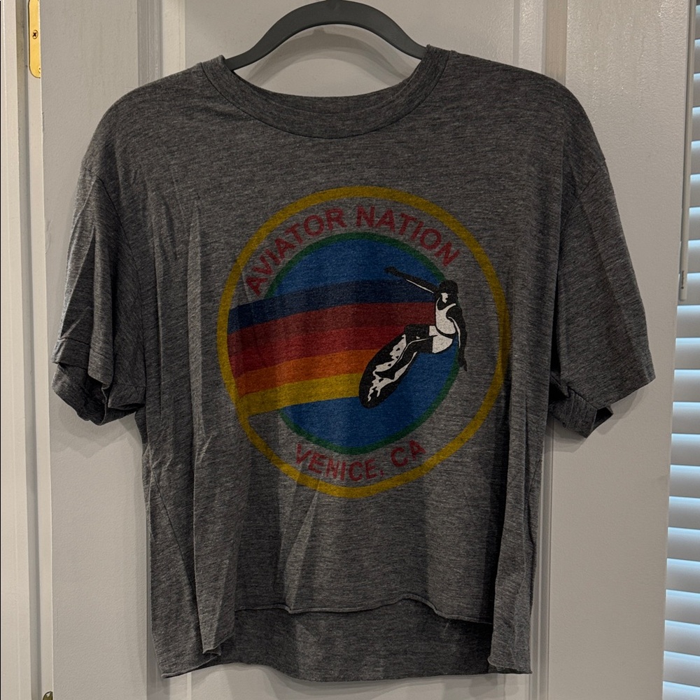 Authentic Aviator Nation Gray Tee with Colorful Surfer Logo